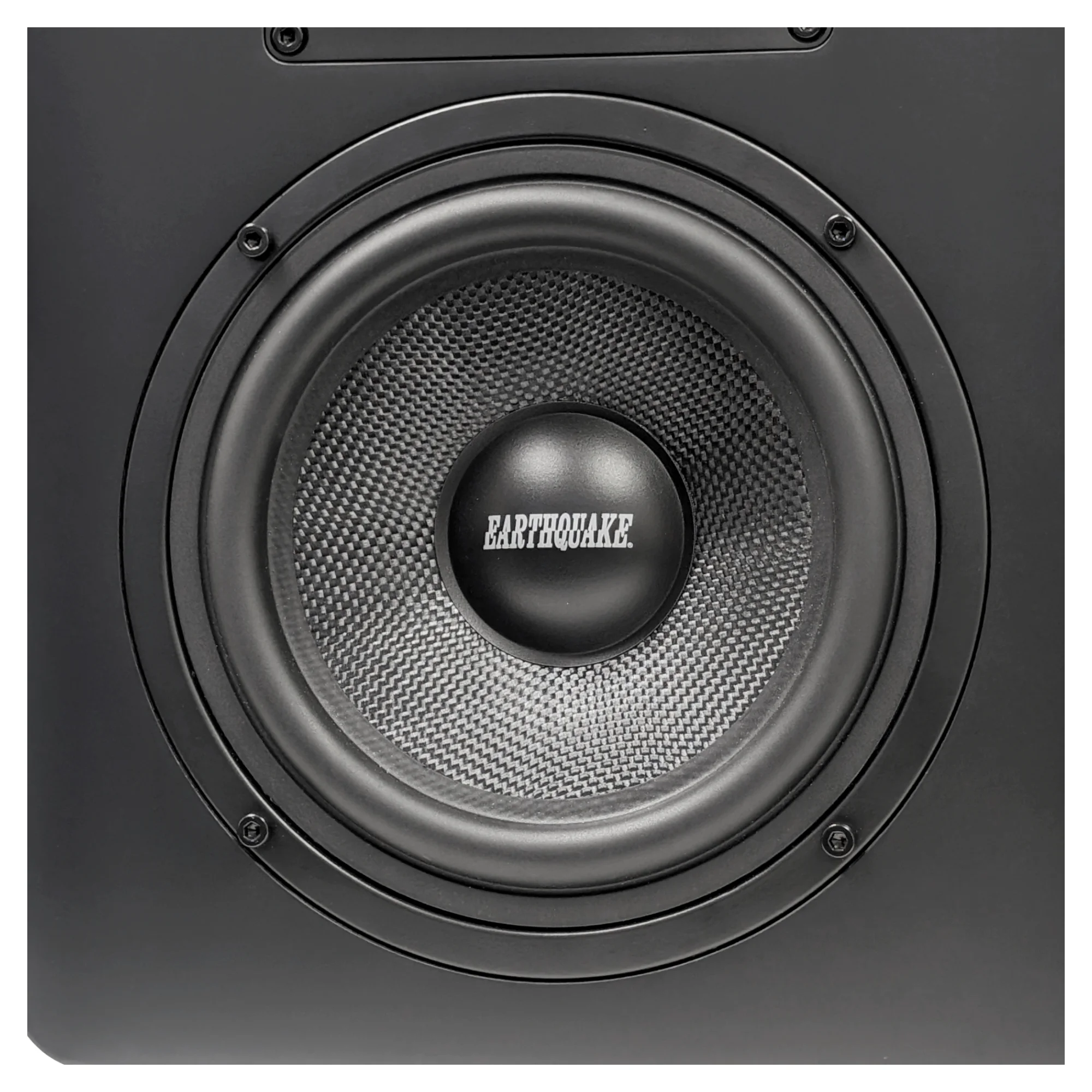 Close-up image of the carbon fiber cone woofer of the Earthquake SM6BT Professional Studio Monitor speaker.